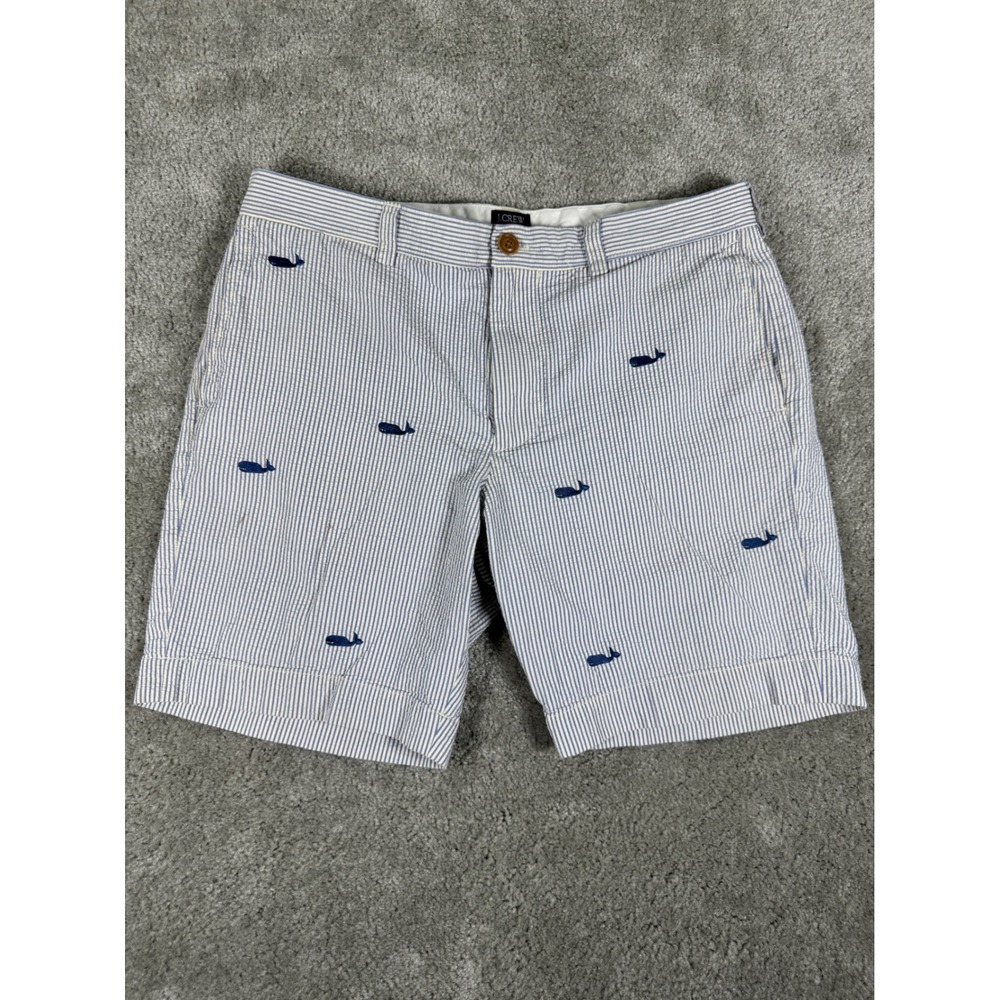 J.Crew Gramercy Seersucker Whale Embroidered Shorts Mens 34 Blue White Striped